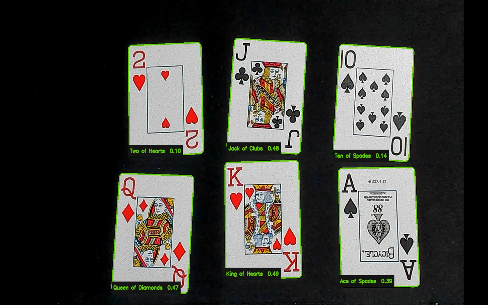 Six playing cards identified in one webcam frame with green contour outlines and labels