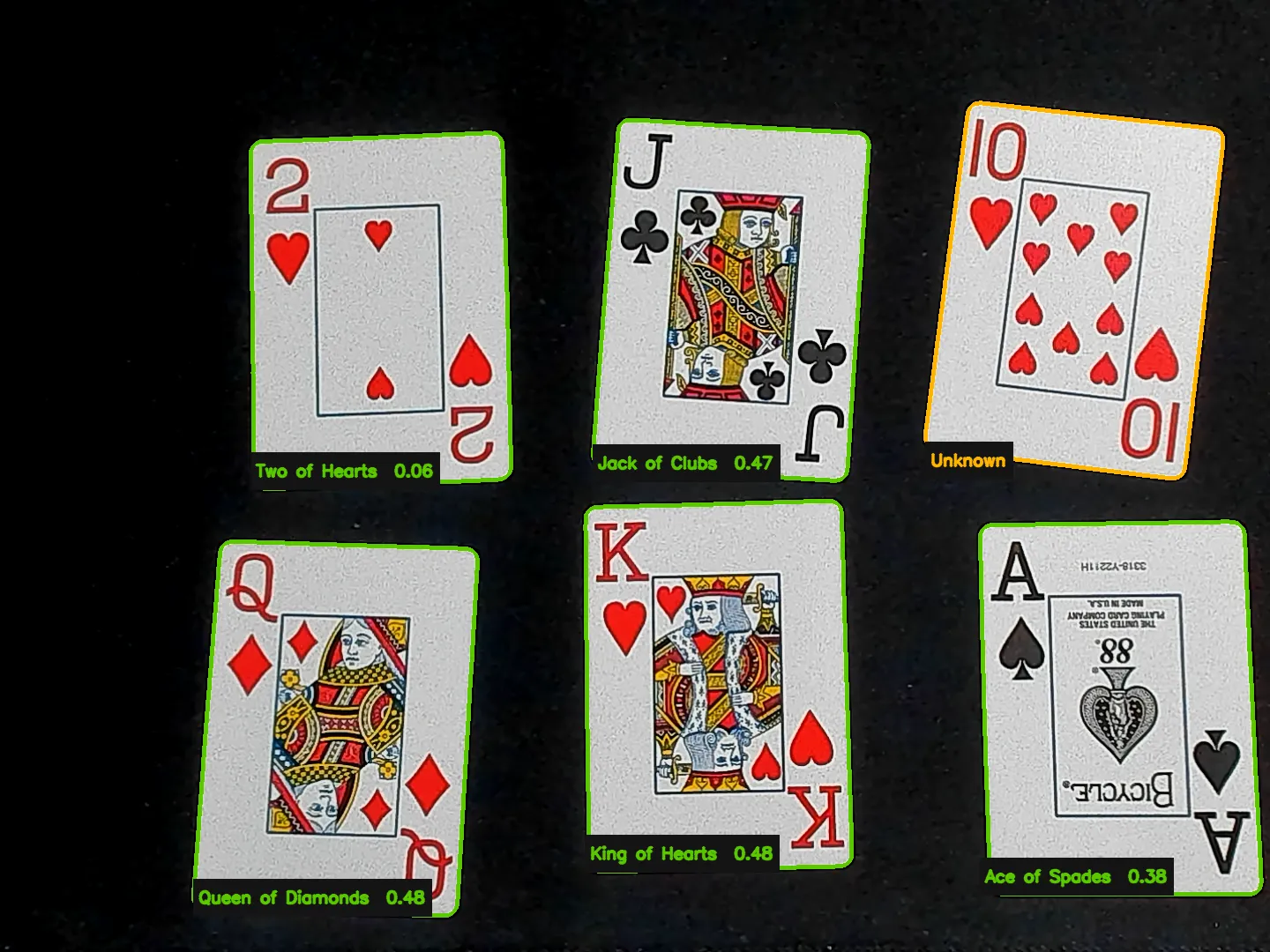 Ten of Hearts outlined in orange and labeled Unknown beside five recognized reference cards