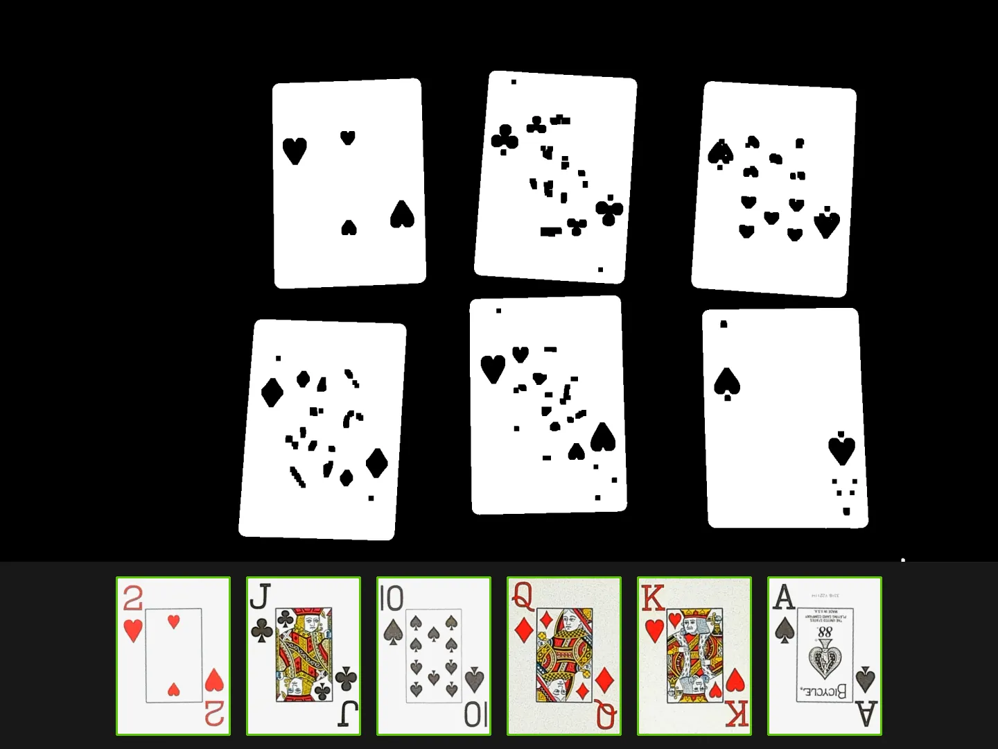 Binary threshold mask for six cards above the six normalized reference images used for ORB matching