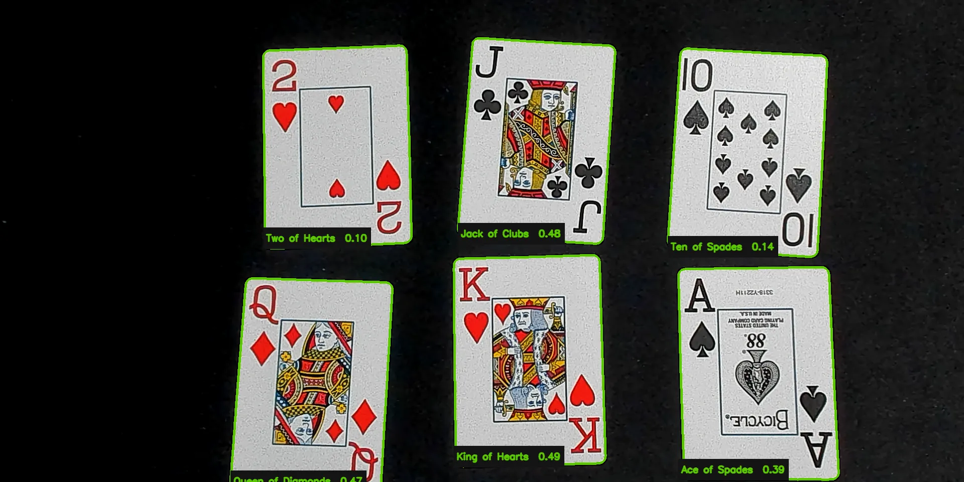 Six-card live detection result showing the Two of Hearts, Jack of Clubs, Ten of Spades, Queen of Diamonds, King of Hearts and Ace of Spades
