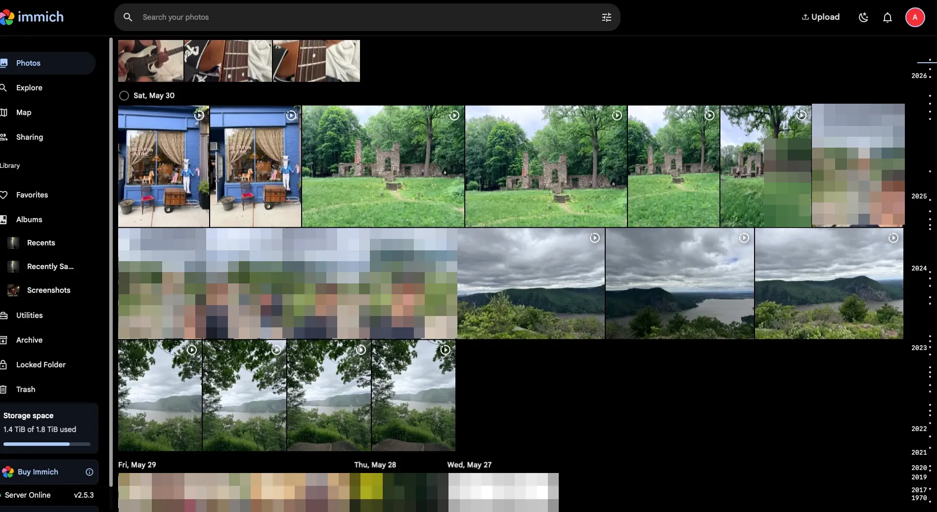 Immich photo library self-hosted on the CM3588, timeline view with 1.4 TiB stored