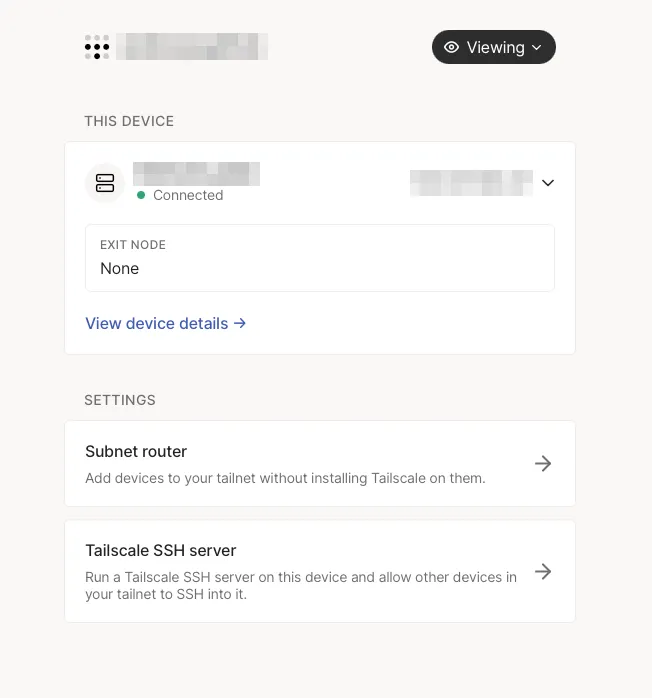Tailscale admin view of the CM3588 as a connected tailnet device with SSH and subnet routing