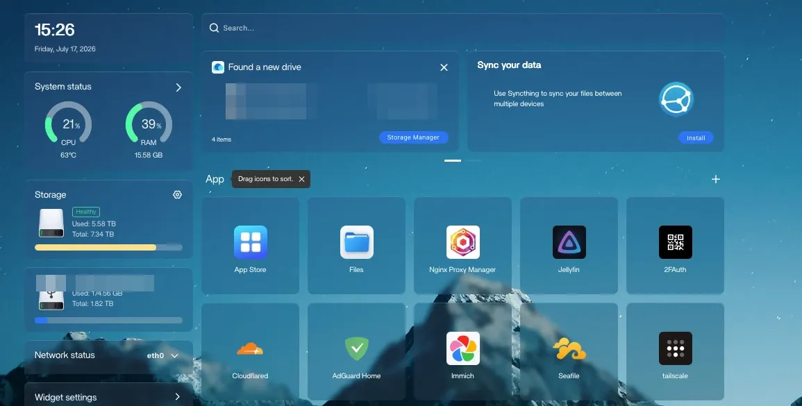 CasaOS dashboard on the CM3588 with system status widgets and the self-hosted app grid