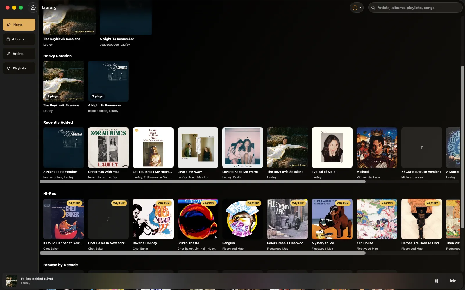 Kord on macOS — library home with Heavy Rotation, Recently Added and Hi-Res shelves