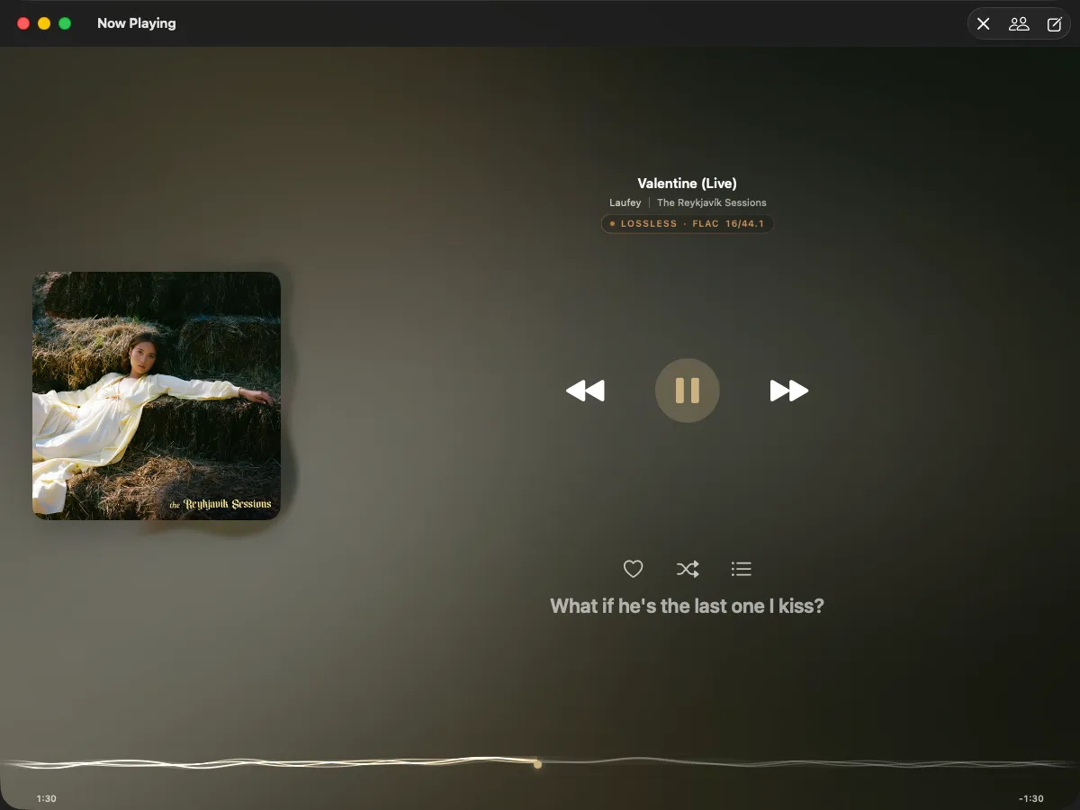 Kord Now Playing — album art, transport, synced lyric line and a LOSSLESS · FLAC 16/44.1 badge