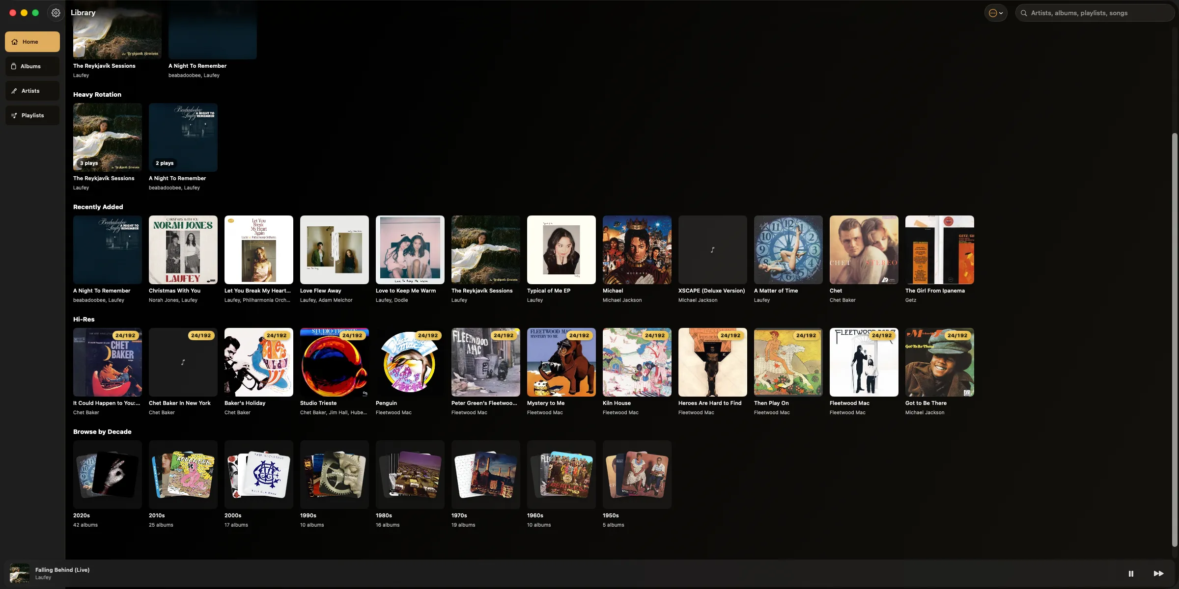 Kord’s library on macOS, showing album shelves and 24/192 hi-res badges
