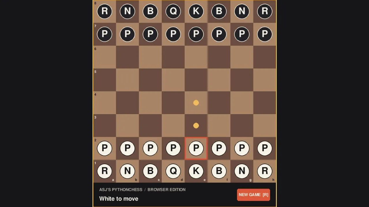 PythonChess running in the browser with the white king pawn selected and its legal moves highlighted